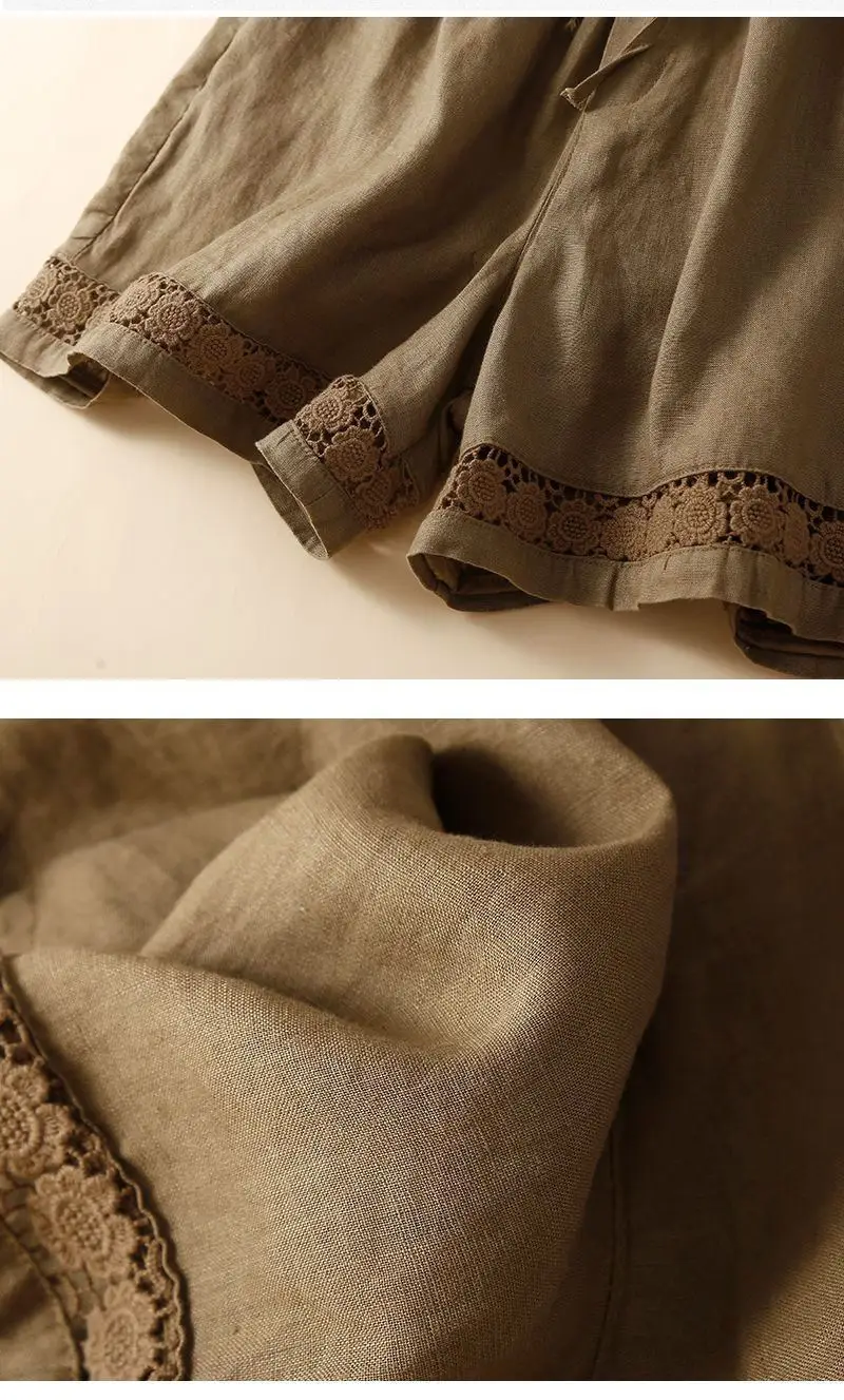 

2024 Drawstring Cotton Linen Shorts Women Summer Wide Leg Shorts Casual Vintage Short Pants Women Clothing Lacework L83