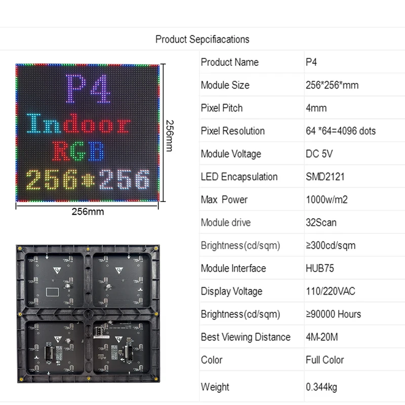 P4 Indoor Full Color RGB LED Display Module 64x64 rgb led matrix 256×256mm 1/32 Scan HUB75 SMD LED Video Wall Panel Advertising