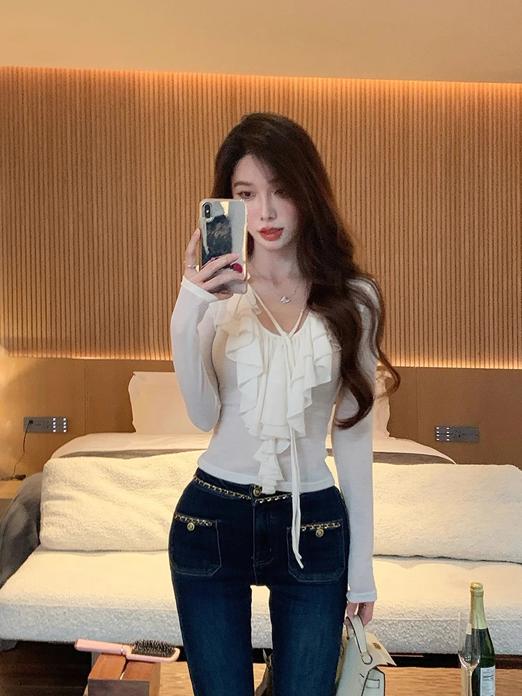 

Ele V-Ne Chiffon irt Women's Slim Fit Lace Trim Spring Faion Korean Sle Long Sve Office Wear Casual Top