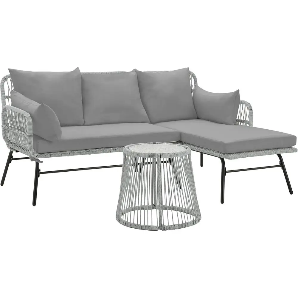 

Gray 3-Piece L-Shaped Boho Patio Sectional Set with Cushions and Glass Table for Outdoor Spaces