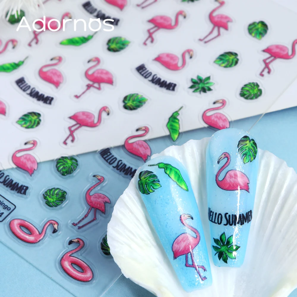 1 Sheet Flamingo Nail Art Stickers Embossed Flamingo Coconut Leaf Sticker Summer Slider Decals Self-Adhesive Decoration Sticker