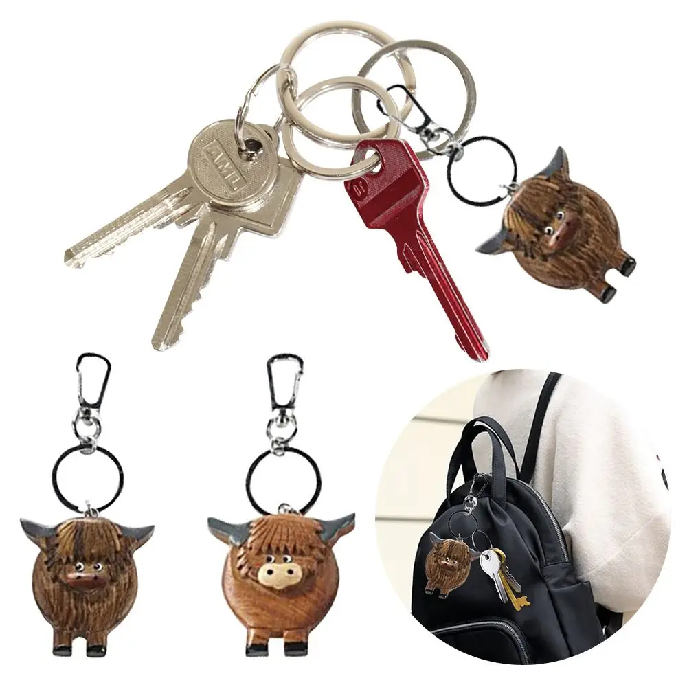 Wooden Highland Cow Keyring Portable Car Key Buckle Funny Highland Cow Decor Keychain Gifts