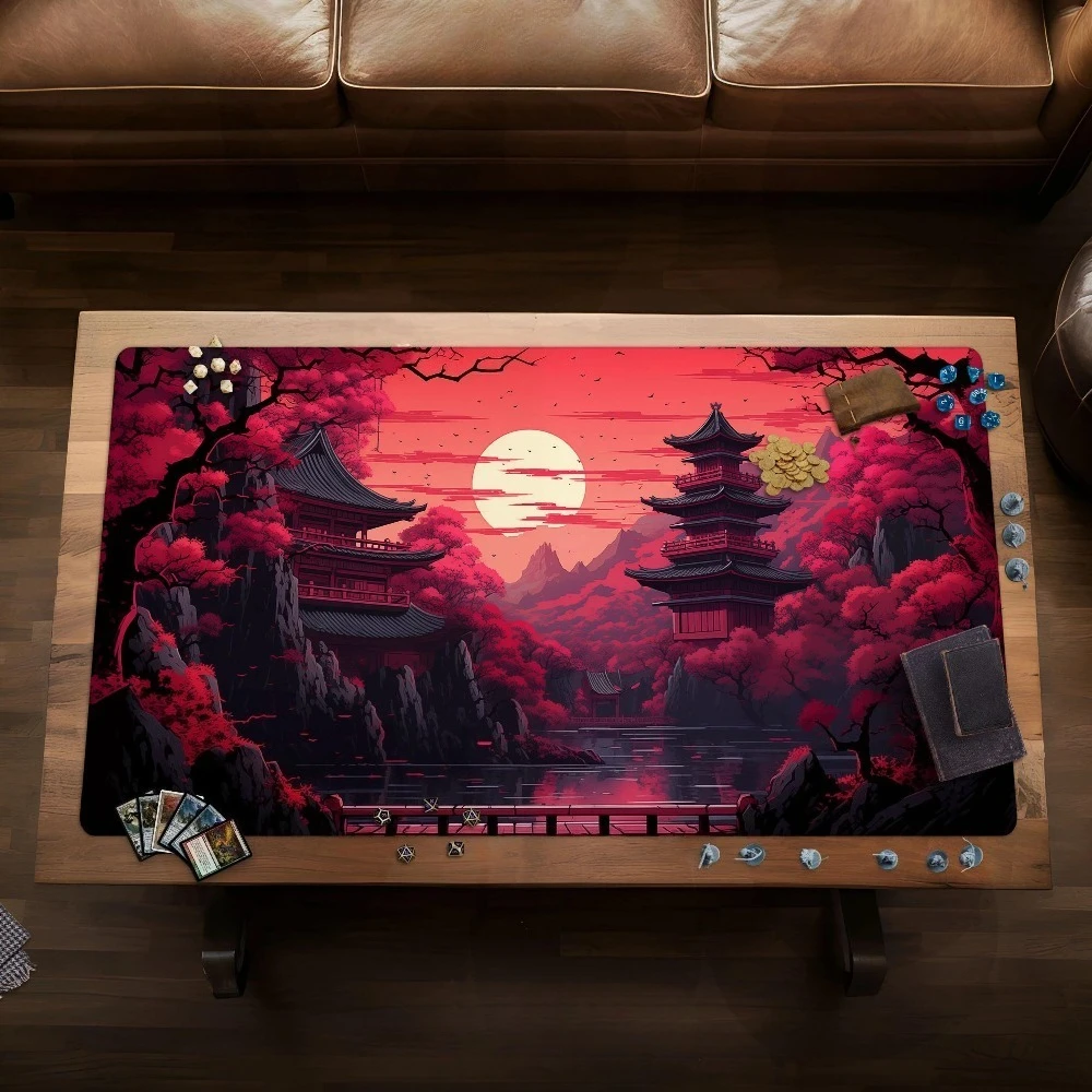 Japanese Playmat/Desk Mat, tcg mtg card/dice/board game, dark red anime landscape stitched giant Deskmat/Mouse pad/play mat