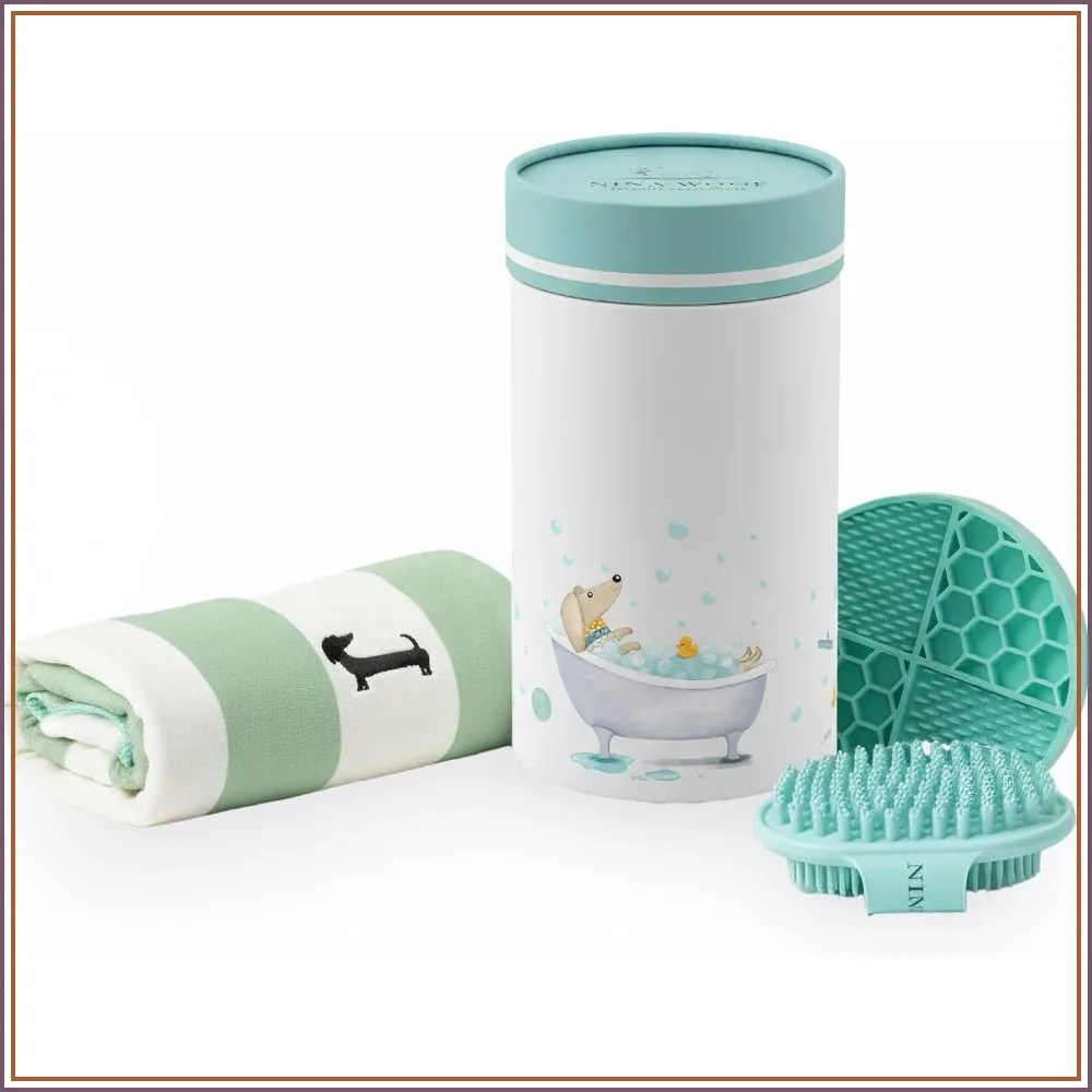 

Dog Bath Kit with Recycled Towel, Silicone Brush & Lick Mat – At-Home Grooming Set
