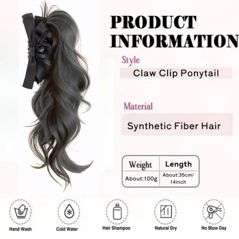 14inch Synthetic Bow Tie Claw Ponytail Hair Extensions Fluffy Ribbon Clip Ponytail Wig Layered Wavy Hairpiece For Women Wear