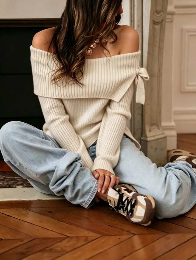 MsChuh Women's Knitted Sweaters Collection Features Large Lapel Pullover In Solid Color With A Bow Fashionable Versatile Tops