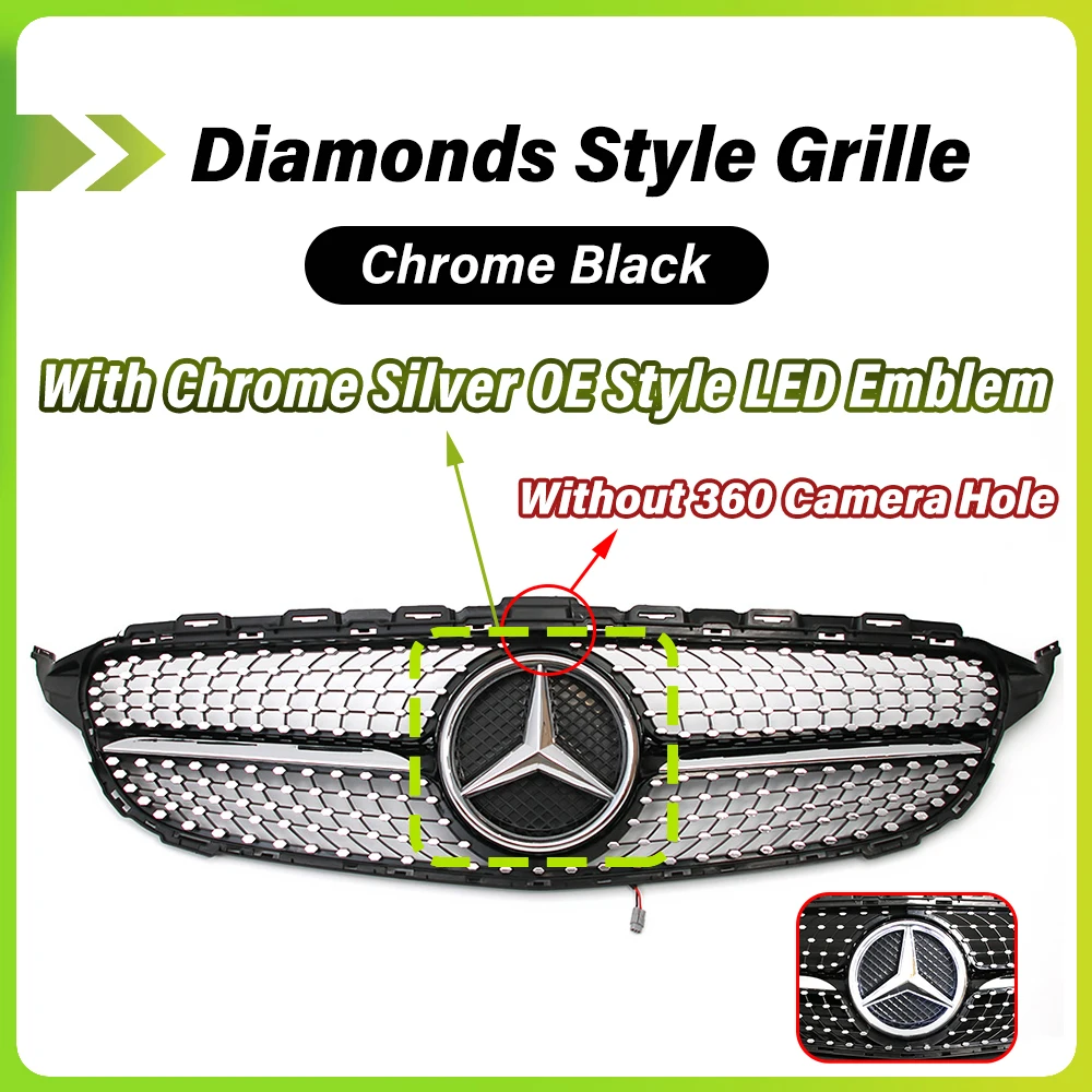 WPKMOTORS Black Front Grille With LED Star For Mercedes W205 C-Class 2015-2018