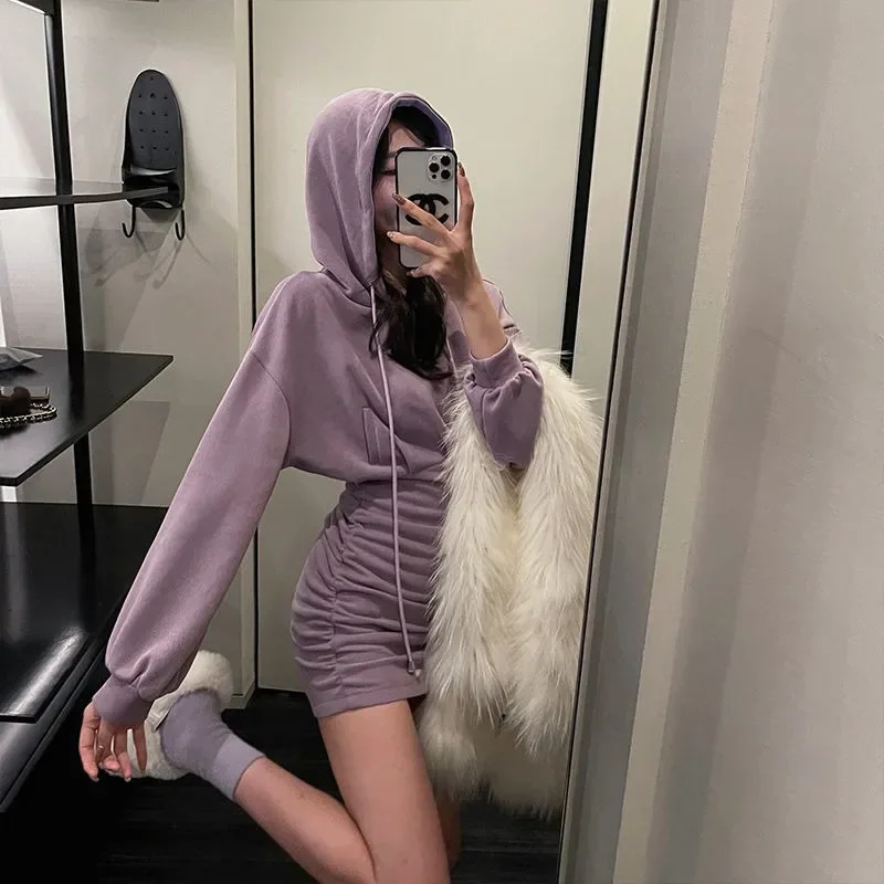 

Miiiix Korean Fashion Hoodie Bag Hip Dress 2024 Women's Winter New Purple Long Sleeve Slimming Dresses Female Clothing