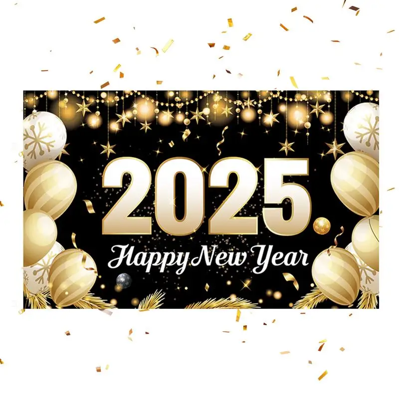 New Year Banner 2025 New Years Banner Backdrop Decorations Black And Gold Balloon Theme 70 X43 Inches NYE Banner  Parties