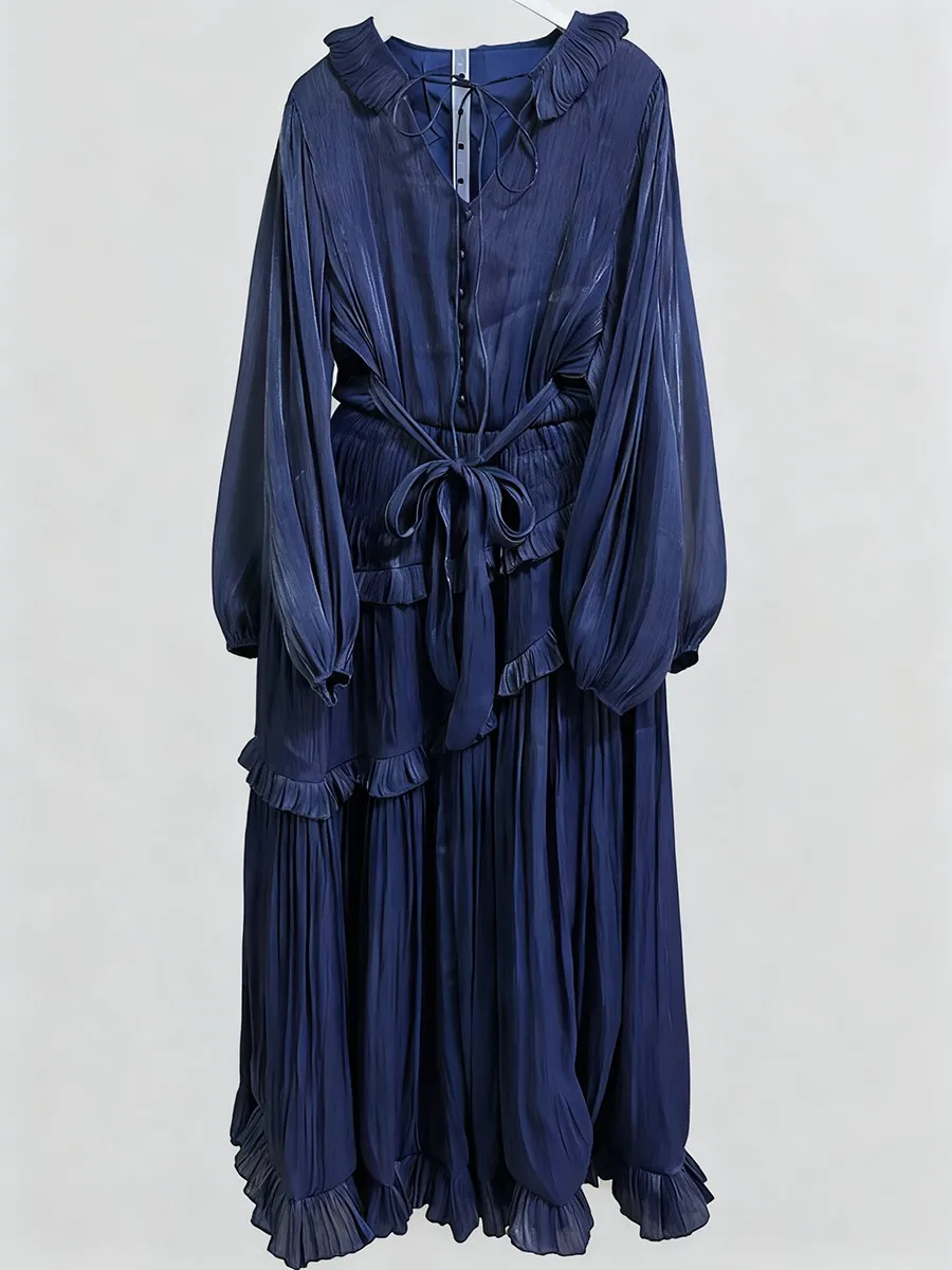 TWOTWINSTYLE Vintage Loose Spliced Ruffles Folds Dresses for Women V Neck Long Sleeves Tunic Patchwork Lace Up Dress Female New