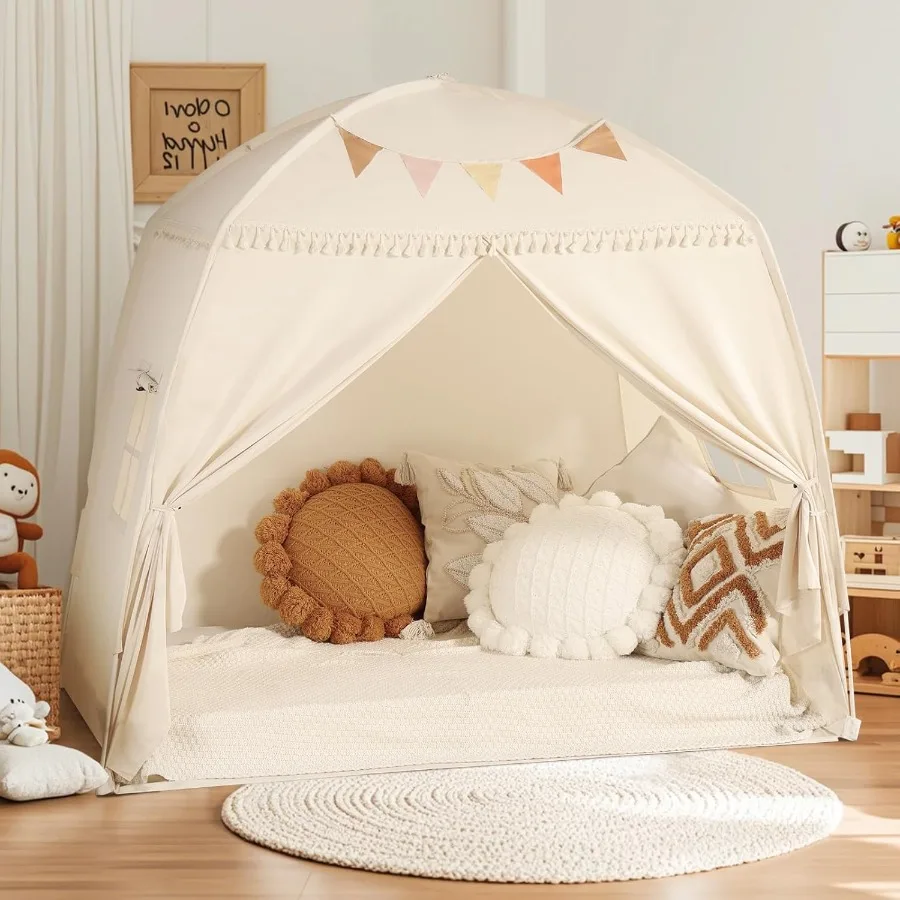 Grande tente tipi d'intérieur avec drapeaux lumineux étoiles, lit auvent crème, maison de jeu pour tout-petits, garçons et filles, jouet cadeau pour salle de jeux