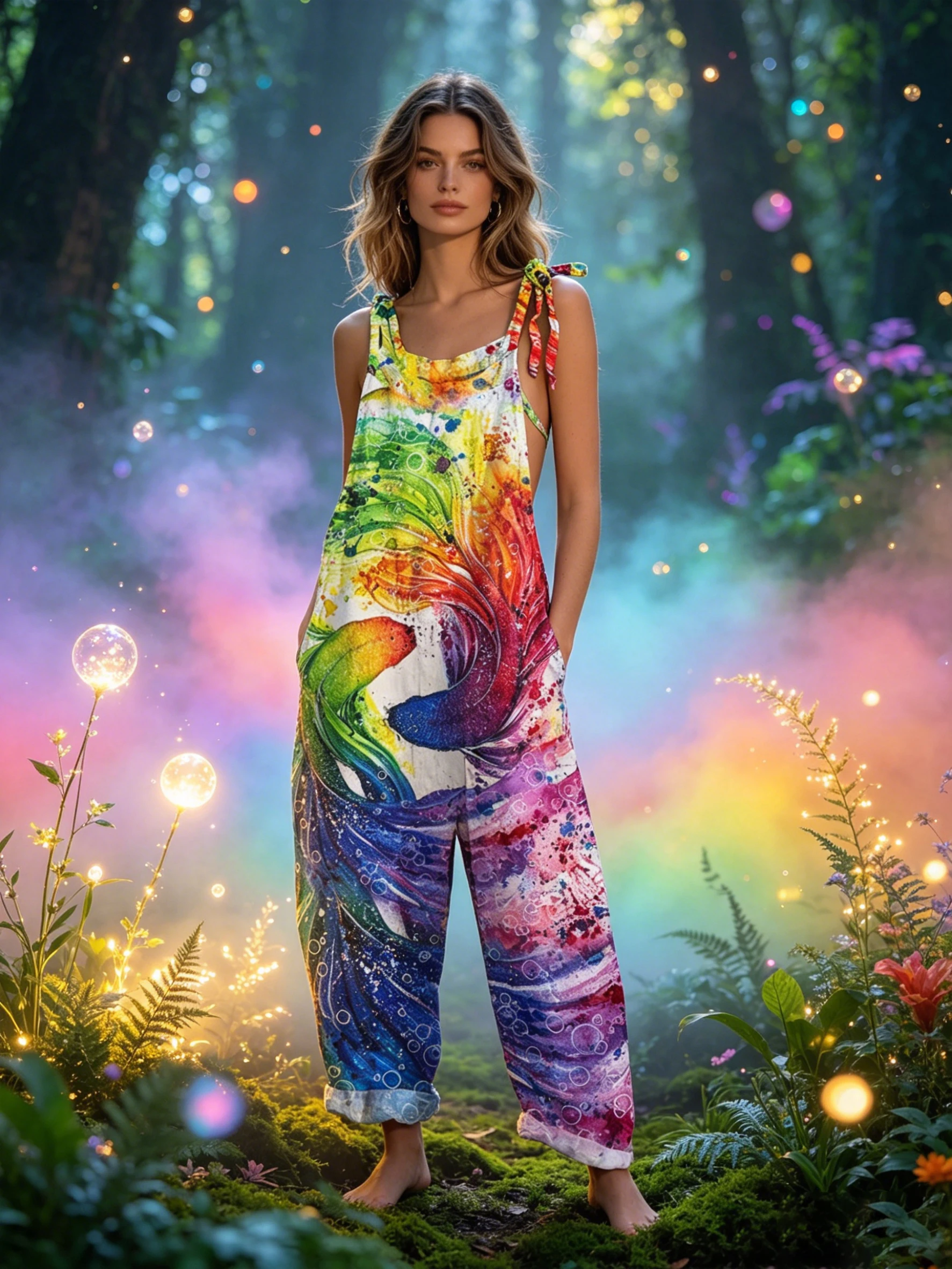 

Summer Women Colorful Rainbow Fish Print Tie Strap Overalls Vintage Hippie Loose Wide Leg Jumpsuit Casual Beach Trousers