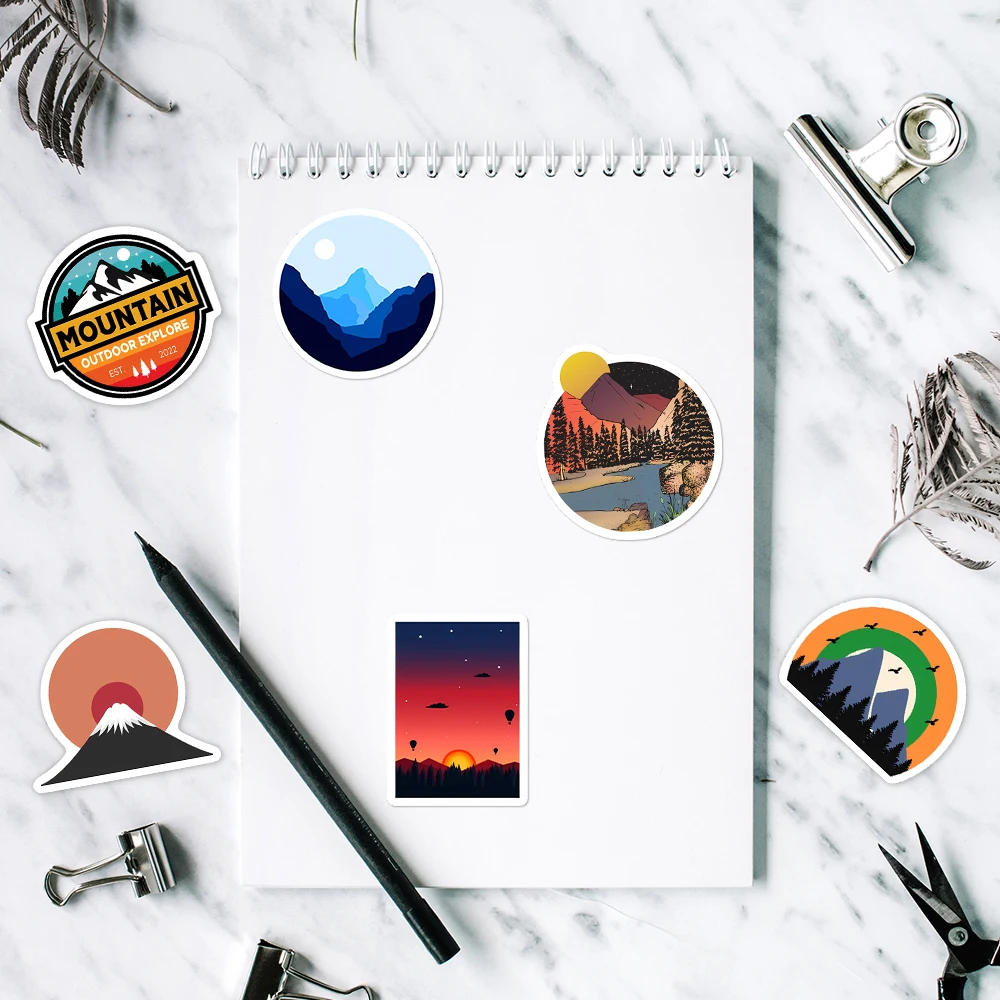 Forest Hiking Camping Stickers Outdoor Travel Beautiful Scenery The Sun Sets Over The Mountain PVC Waterproof for Phone Laptop