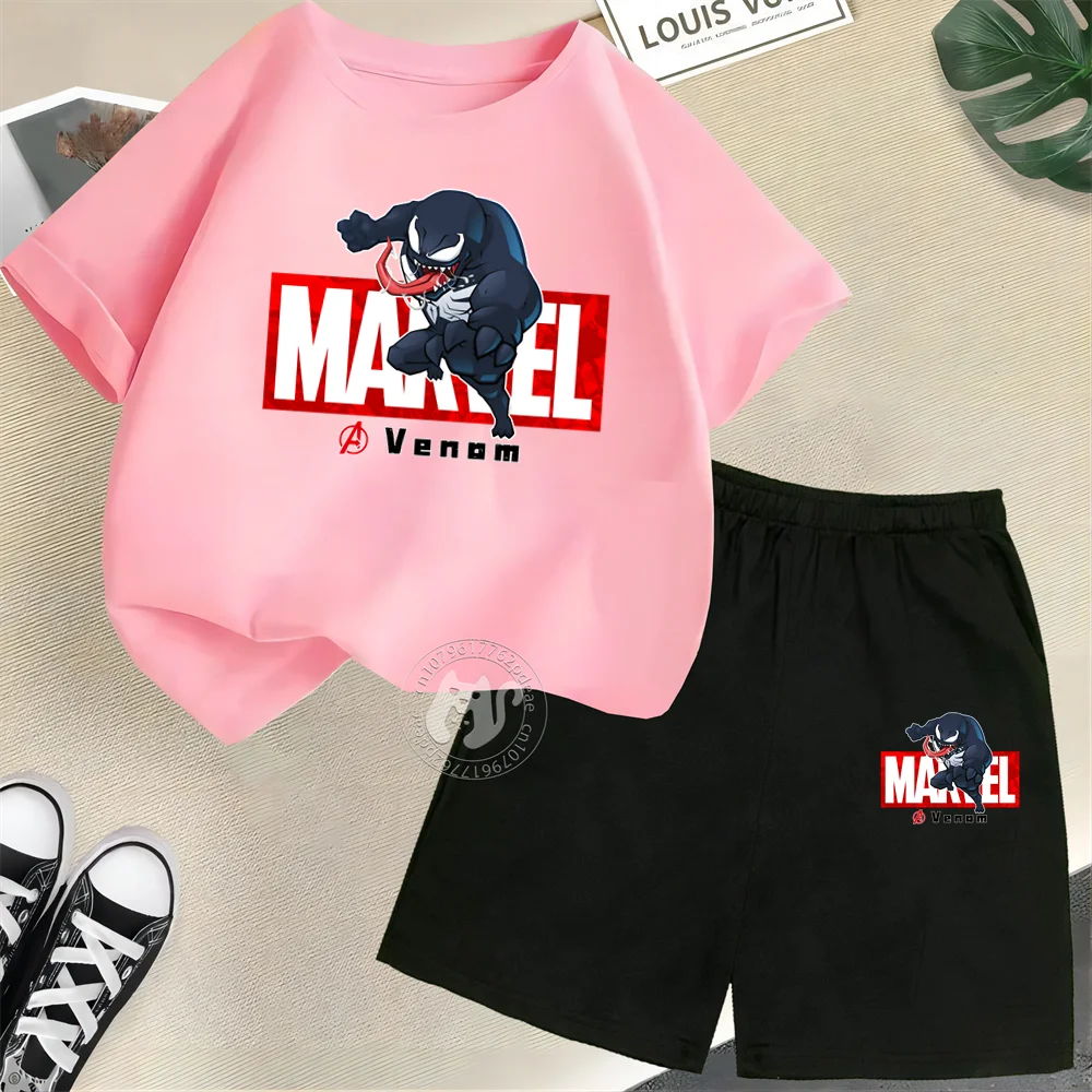 Marvel Venom Print Summer 100% Cotton T-shirt + Shorts Kids Set Boys Girls Cartoon Fashion Street casual comfort kids wear