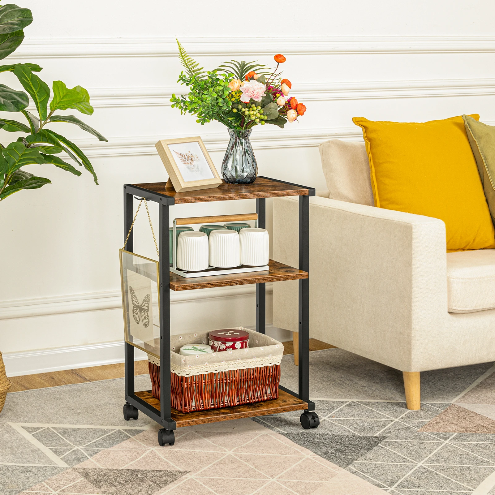 Hoebro-Mesa de impresora de 3 niveles, carrito con ruedas, soporte de impresora ajustable en altura, con 3 estantes y 2 ganchos para el hogar y la