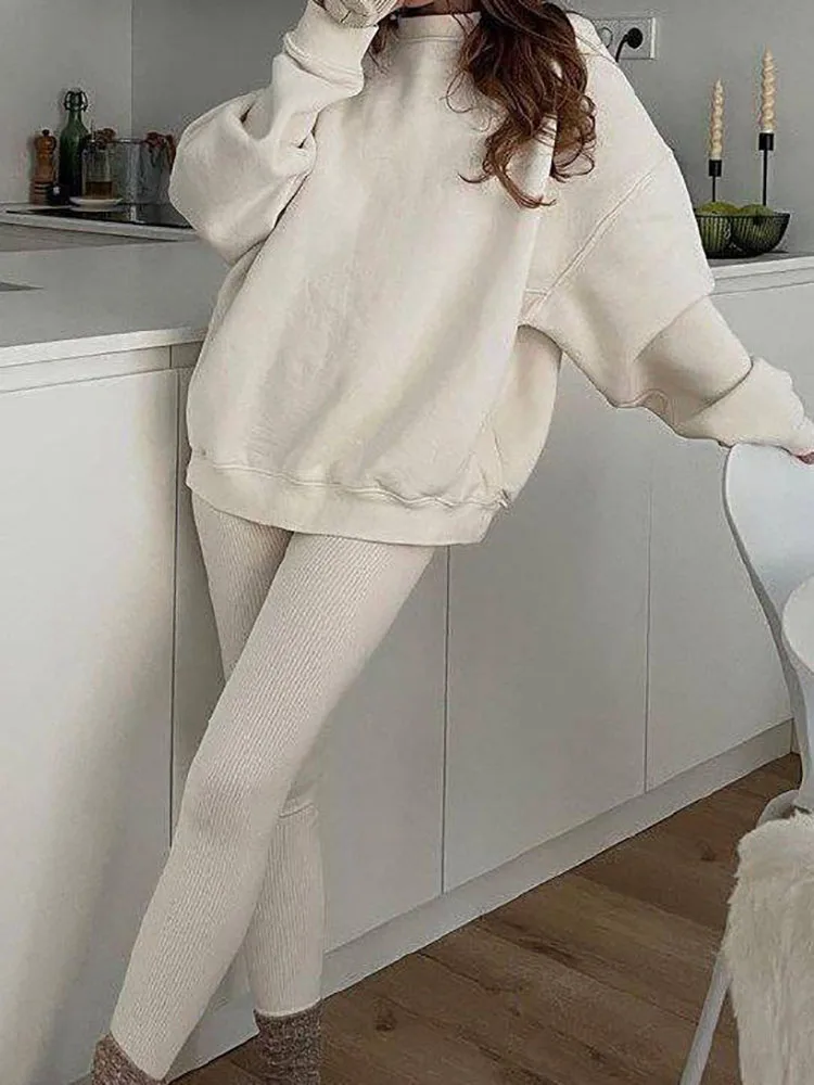 Setelan Olahraga Warna Solid Musim Gugur Musim Dingin Wanita Kasual, Atasan Sweatshirt Leher Bulat dan Celana Slim, Setelan 2 Potong Lengan Panjang