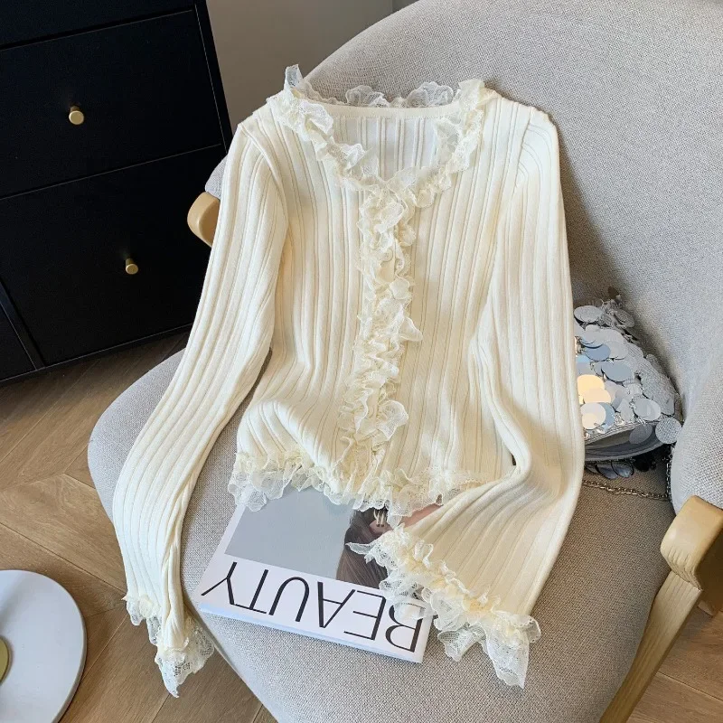 Koronkowy sweter z dzianiny z długim rękawem Sueters De Mujer Vintage V Neck Knitwear Flare Damskie koszule przeciwsłoneczne