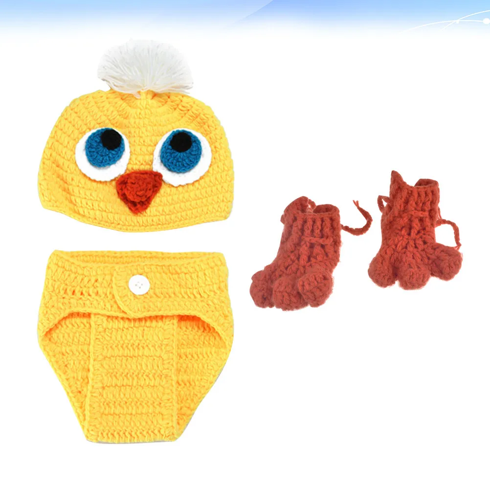 Yellow Duck Crochet Knit Baby Photo Outfit Set Unisex Newborn Costume Soft Comfortable Elastic Material for Memorial Photography