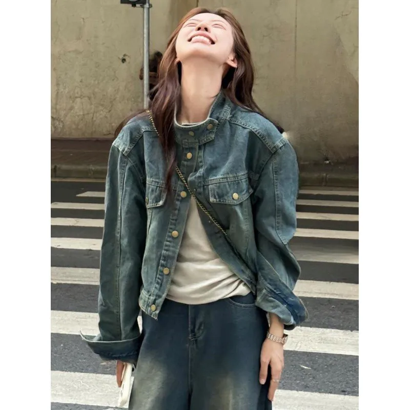 

Women Cowboy Coat Female Spring New Retro Stand Collarmodel Sweet Cool Short Style Korean Version Temperament Jacket Outerwear