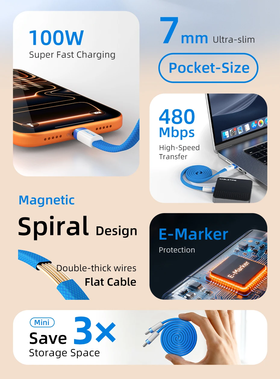 CABLETIME USB-C Kabel Magnetisches Typ-C Kabel PD100W 480Mbps Flachkabel Hochgeschwindigkeitsübertragung für HUAWEI Xiaomi iPhone 17/16 C-Kabel – Detail 19