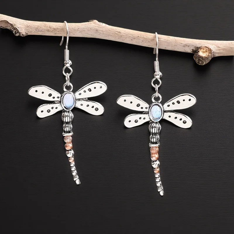 Selling Retro Dragonfly Inlaid Moonstone Charming Mom Earrings Women Individual Forest Style Insect Mother Ornament Girl Gift