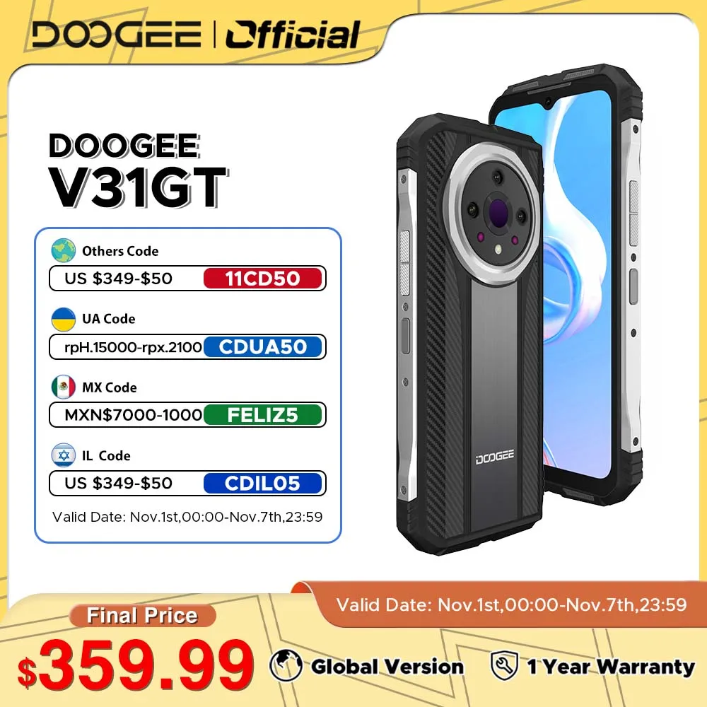 

DOOGEE Rugged Phone V31GT 6.58" FHD 120Hz IPS 5G Thermal Imaging System 12GB RAM 256GB ROM Dimensity 1080 10800mAh 66W Charge