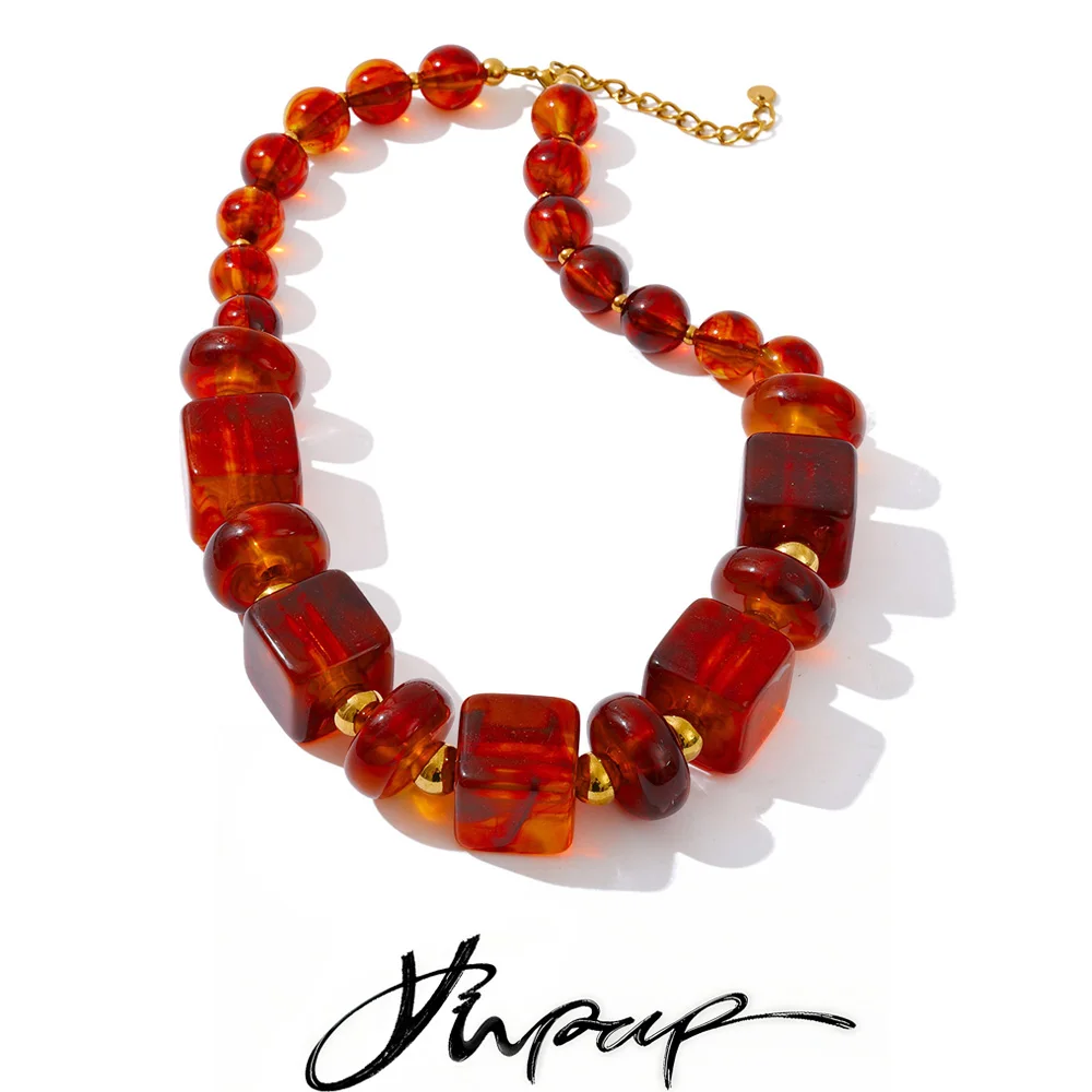 Yhpup 2025, quadratische runde Perlenkette aus Acryl, handgefertigte Halskette, Edelstahl, Herbst-Winter-Statement-Schmuck, exklusiver Stil