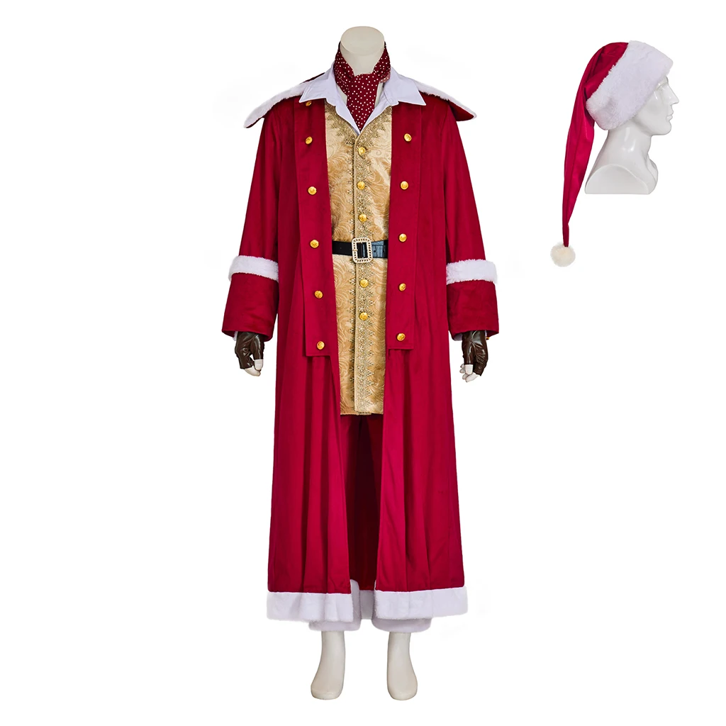 Medieval Vintage Victorian Father Christmas Santa Claus Cosplay Costume Long Jacket Coat Pants Scraf Hat Outfit Full Suit Men