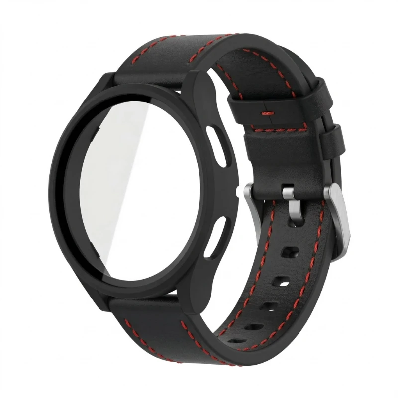 Glasgehäuse+Armband für Samsung Galaxy Watch 7 6 5 4 44mm 40mm Lederband Schutz-PC-Gehäuse Bildschirmschutz Galaxy Zubehör