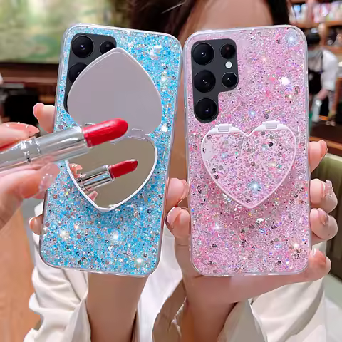 Luxury Bling Glitter Phone Case For Samsung S25 S24 S23 S22 Ultra S21 Plus S20 FE Note 20 10 Cover With Makeup Mirrors Holder