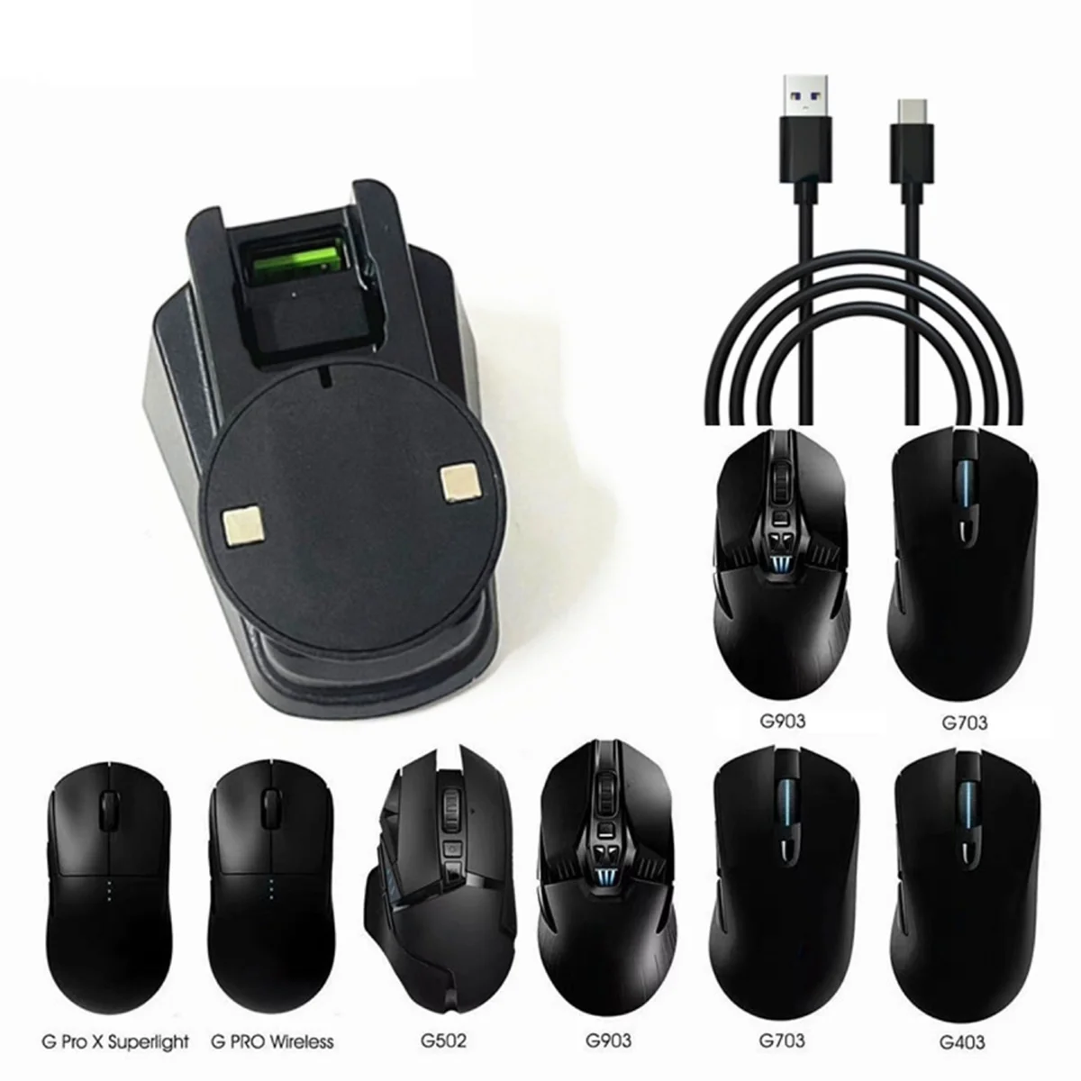 【قطرة السعر】قاعدة شحن الماوس مع وحدة تحويل الشحن وشاحن RGB لـ Logitech GPW، G502 Wireless، G703، G903 HERO Mouse
