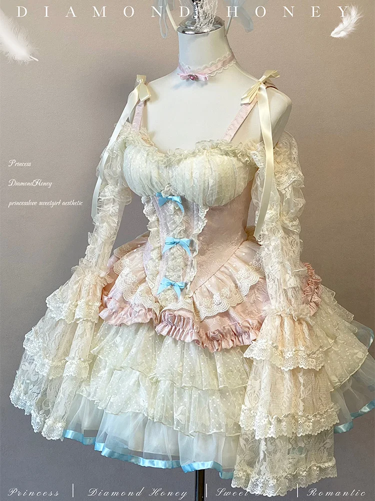 angel light lolita sweet girls romantic ballet dress pink bow tie JSK party mini ball gown dresses vestidos