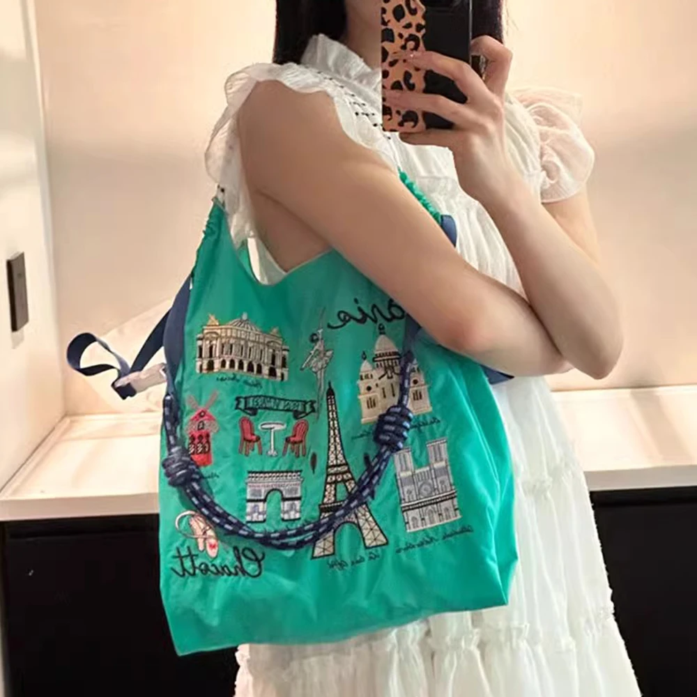 Bolso de hombro con bordado de dibujos animados para mujer, bolso de mano de torre de hierro grande, bolsos ecológicos de diseñador, bolsos de nailon para compras de reciclaje