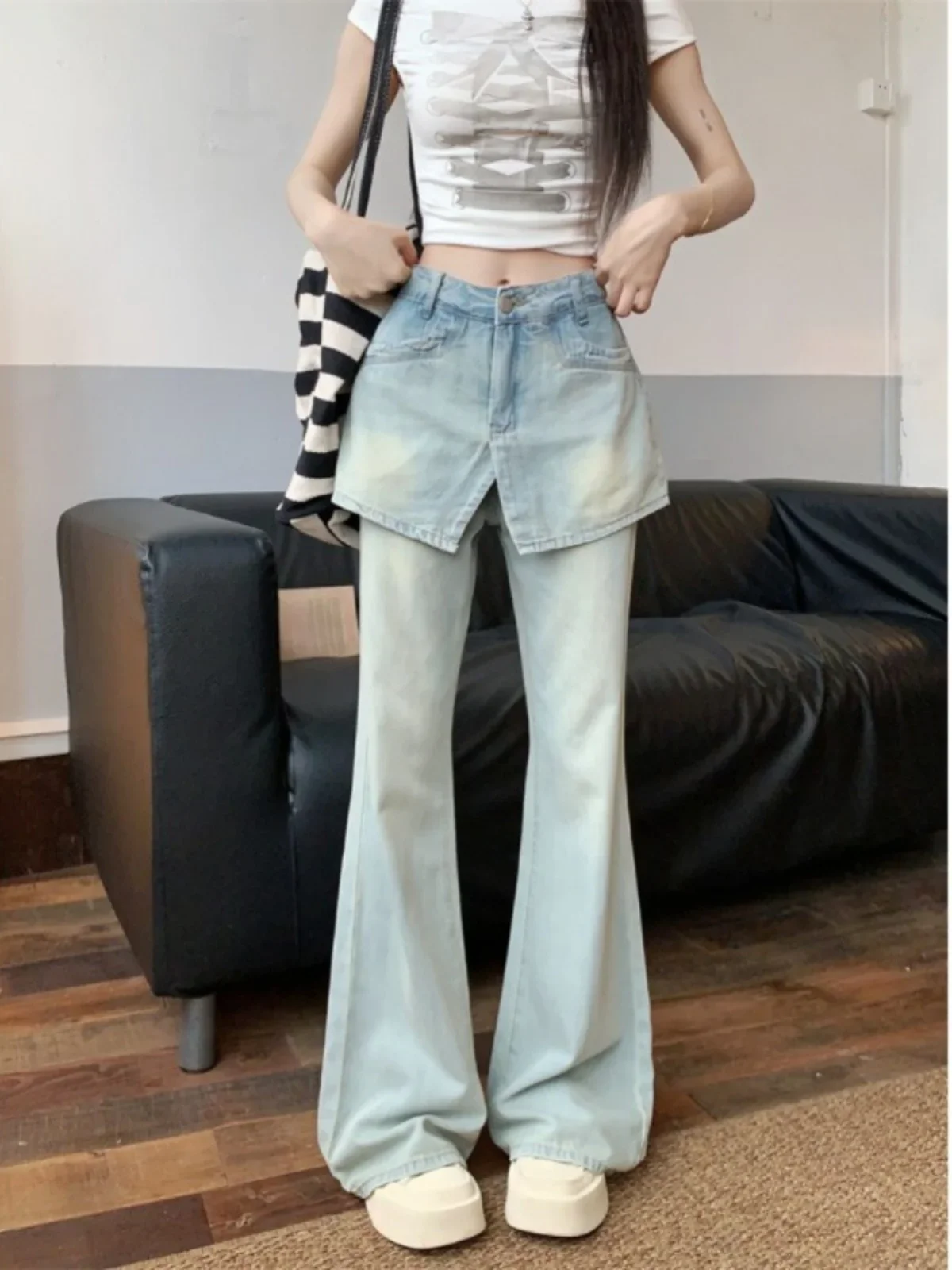 

Blue Womens Jeans High Waist Vintage Straight Baggy Denim Pants Streetwear American Design Sense Fashion Wide Leg Denim Trouser