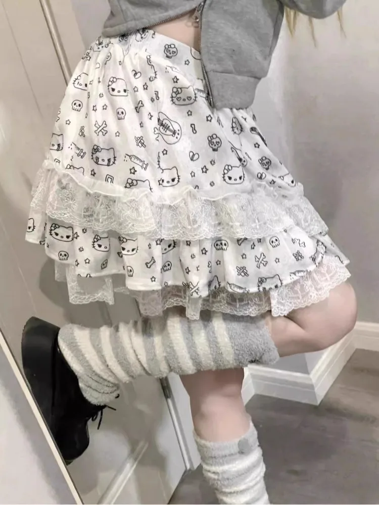 Qweek Y 2K Kawaii Cartoon Schattige Print Kanten Minirok Ruches Gothic Goth Lolita Japanse Harajuku Shoit Rok 2024 Lente Zomer