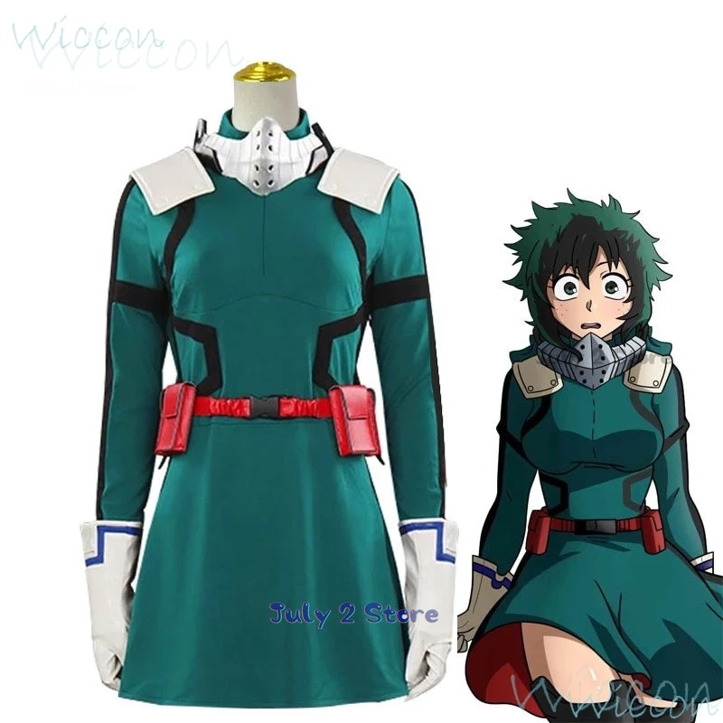 Anime Midoriya Izuku Cosplay My Hero Deku Green Skirt Girl Green Black Wig Academia Justice Uniform Prop Party Outfit for Women