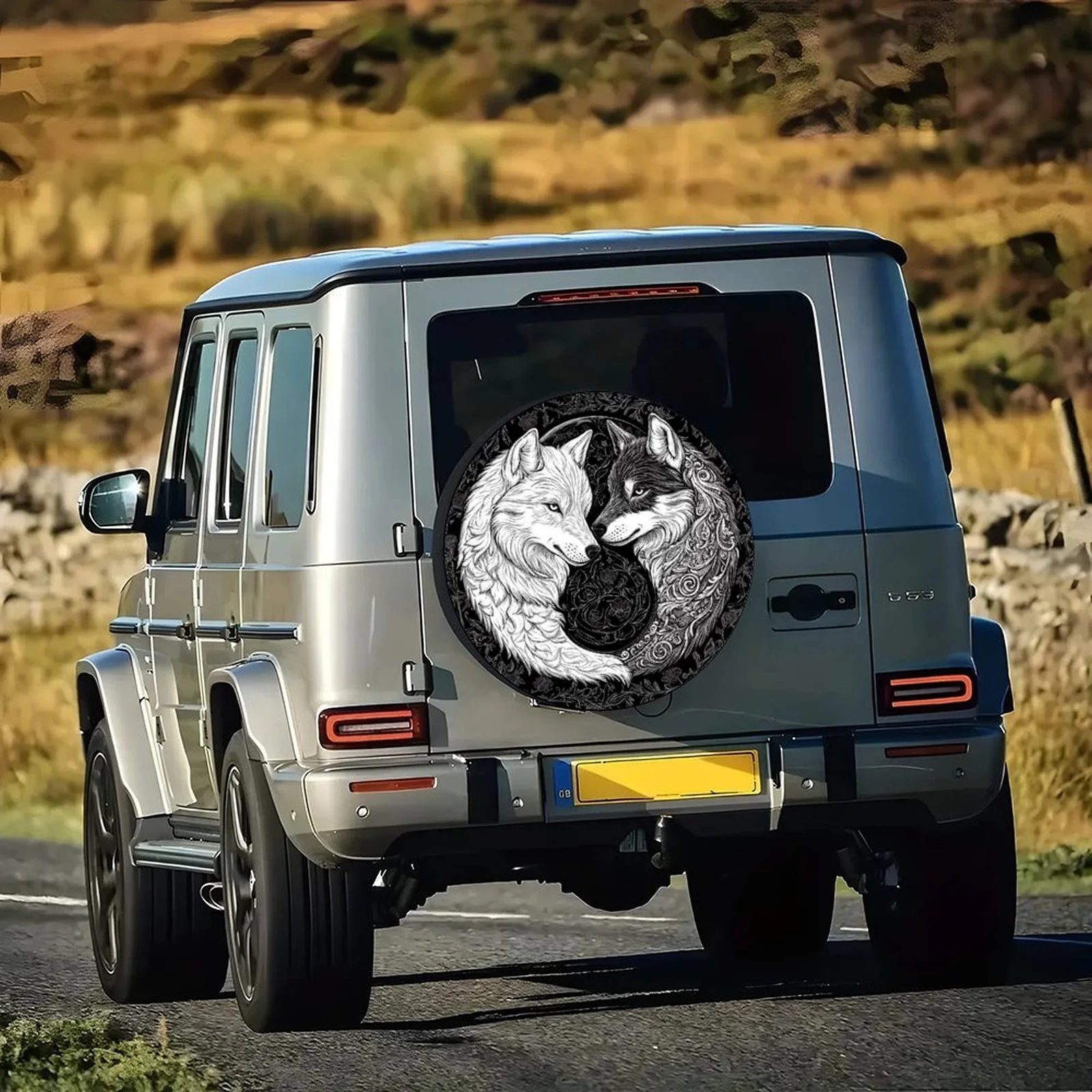 Wolf Yin Yang Tire Cover Wheel - Fit For Cars, Black/White/Gray Wheel Hub Caps - Chinese Martial Rts Inspired Design With Yin-Ya