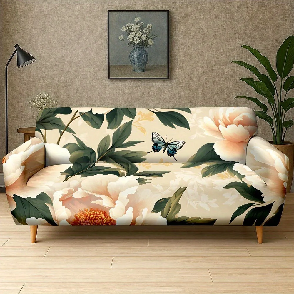 1pc Elegant Beige Peony Flower Butterfly Pattern Print Stretch Sofa Cover, Removable Washable Furniture Protector