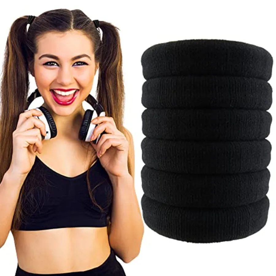 Ties for Thick Hair - Pack of 6 Black Seamless Hair Elastics Scrunchies for Heavy, Curly Hair Accessories Ponytail Holders