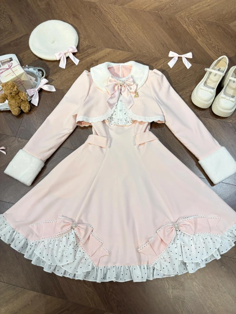 Japanese Sweet Pink Lolita Two Piece Sets Women Chic Cloak + Long Dress Winter New Harajuku Bow Kawaii Patchwork Fashion Suits