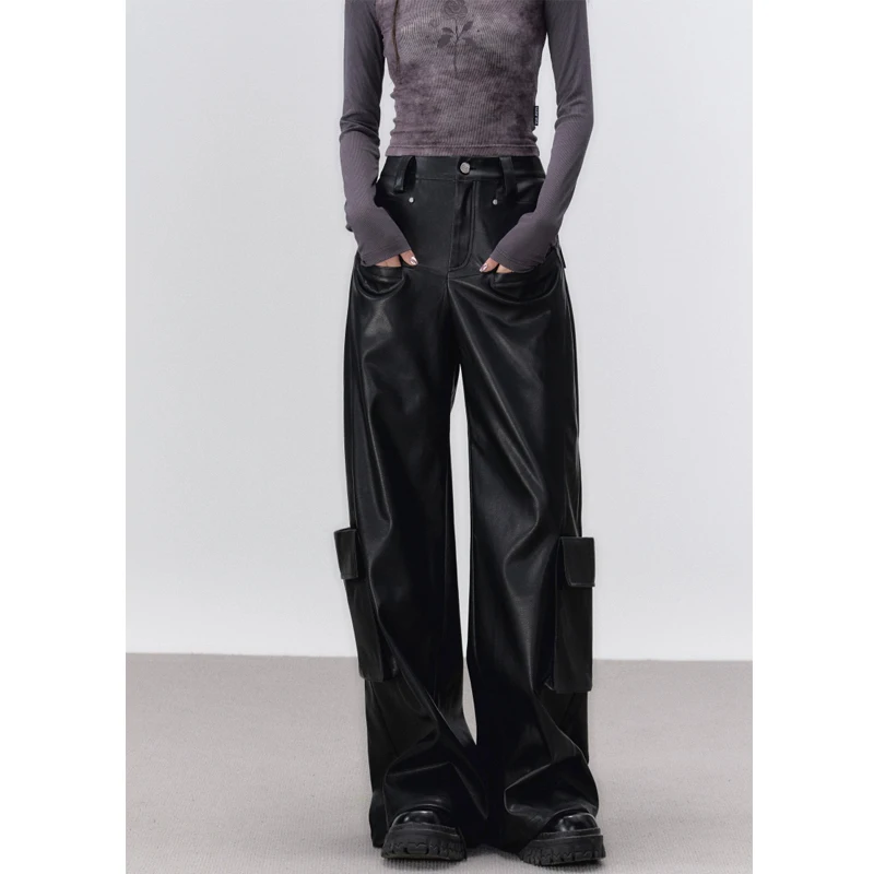 27-46 New Men Women's Clothing Three-dimensional Pocket Wide Leg Leather Pants Lovers Trousers Plus Size Singer Costumes