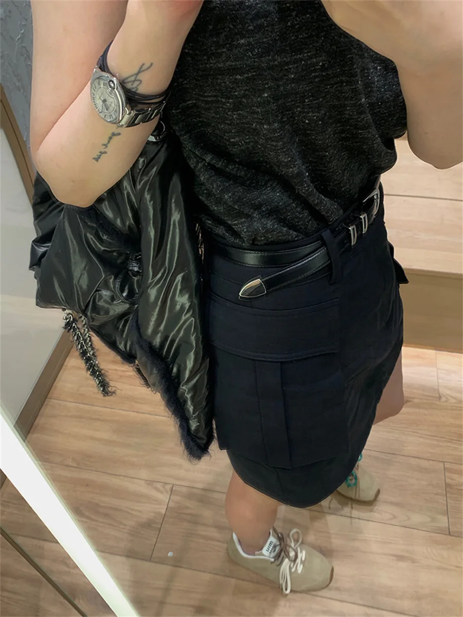 

High Waist Workwear Skirt Women's Double Bule Large ket Design Slim A-Line f Body Skirt Casual Cotton Fabric