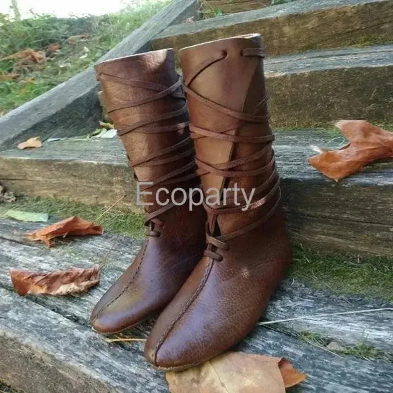 Costume gothique Steampunk médiéval pour hommes, bottes de chevalier Viking en cuir PU guerrier pour femmes, bottes de Cosplay, chaussures de fête de carnaval, accessoire @ #   ￥%
