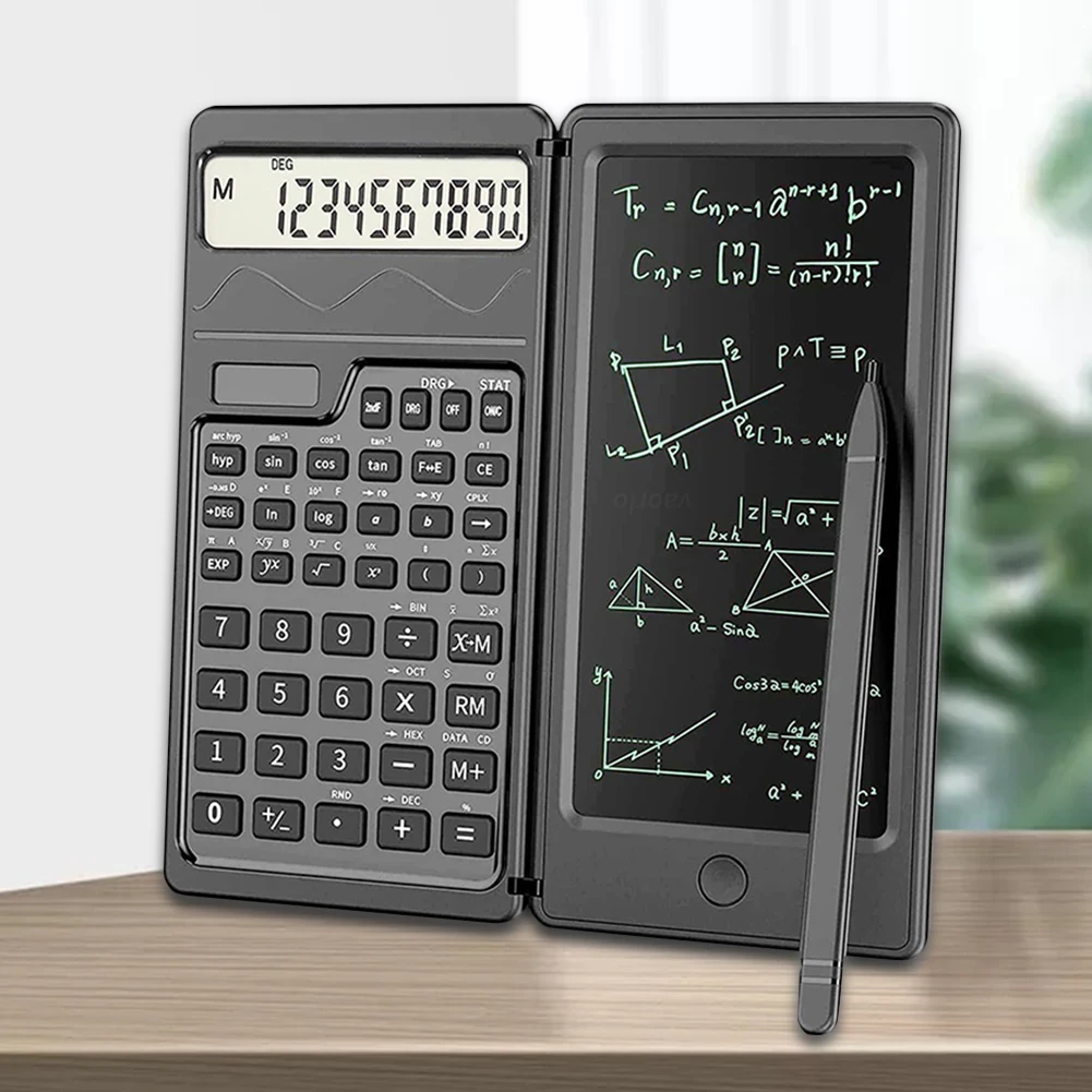 Foldable Scientific Calculator 12-Digit Large Display Calculator with 6 Inch Erasable LCD Writing Tablet Digital Drawing Pad