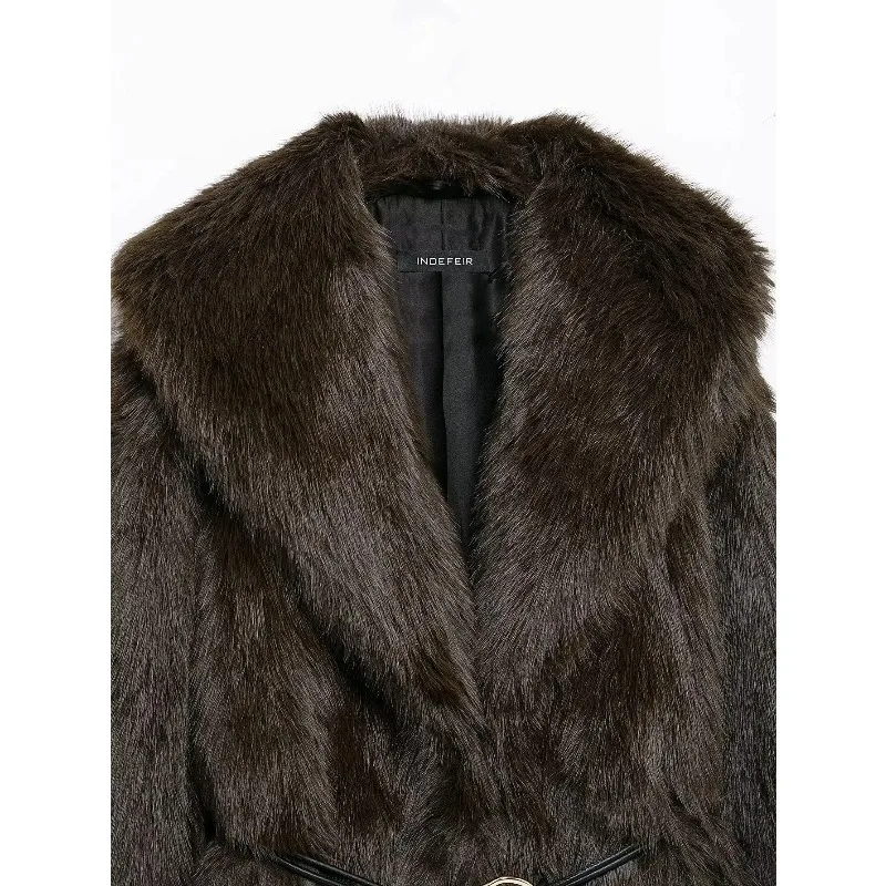 여성용 가을 겨울 빈티지 두꺼운 따뜻한 코트 솔리드 턴다운 칼라 긴 소매 벨트 장식 여성 패션 아우터웨어