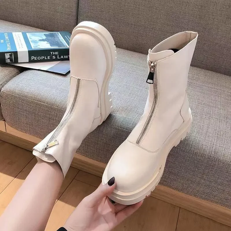 Med Heel Boots Boots-women Summer Booties Shoes Round Toe Luxury Designer Zipper Flat 2020 Rock Ankle Ladies Rubber Fashion