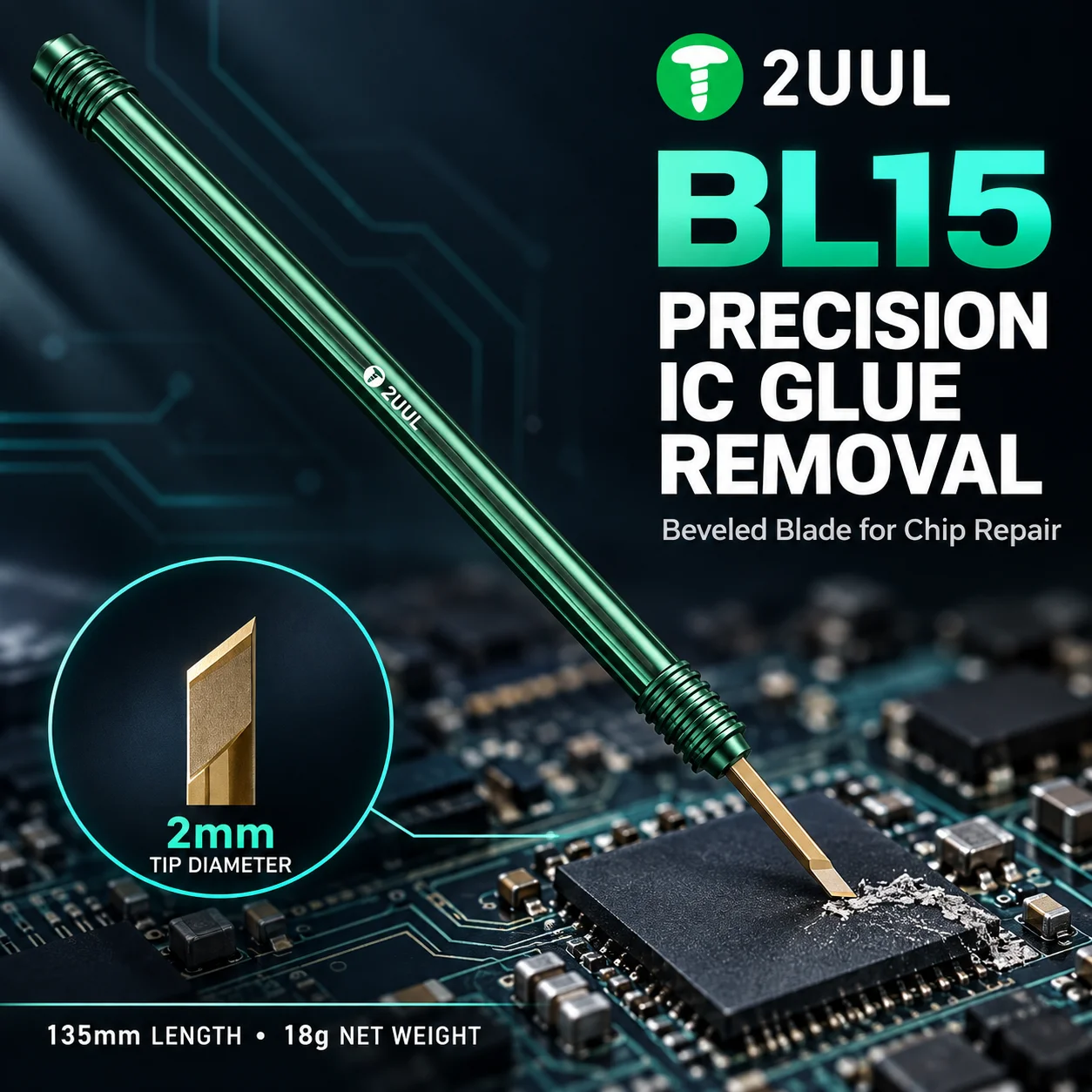 2UUL BL15 IC Adhesive Removal Knife 2mm Angled Tip with Green Handle 135mm  Tool for Phone Motherboard Chip Cleaning and Rework