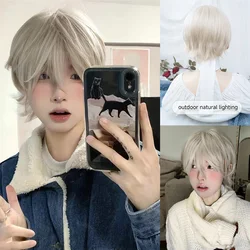 12Inch Light Blonde Japanese Style Synthetic Wig With Bang Short Natural Straight Hair For Man or Women Daily Use Heat Resistant