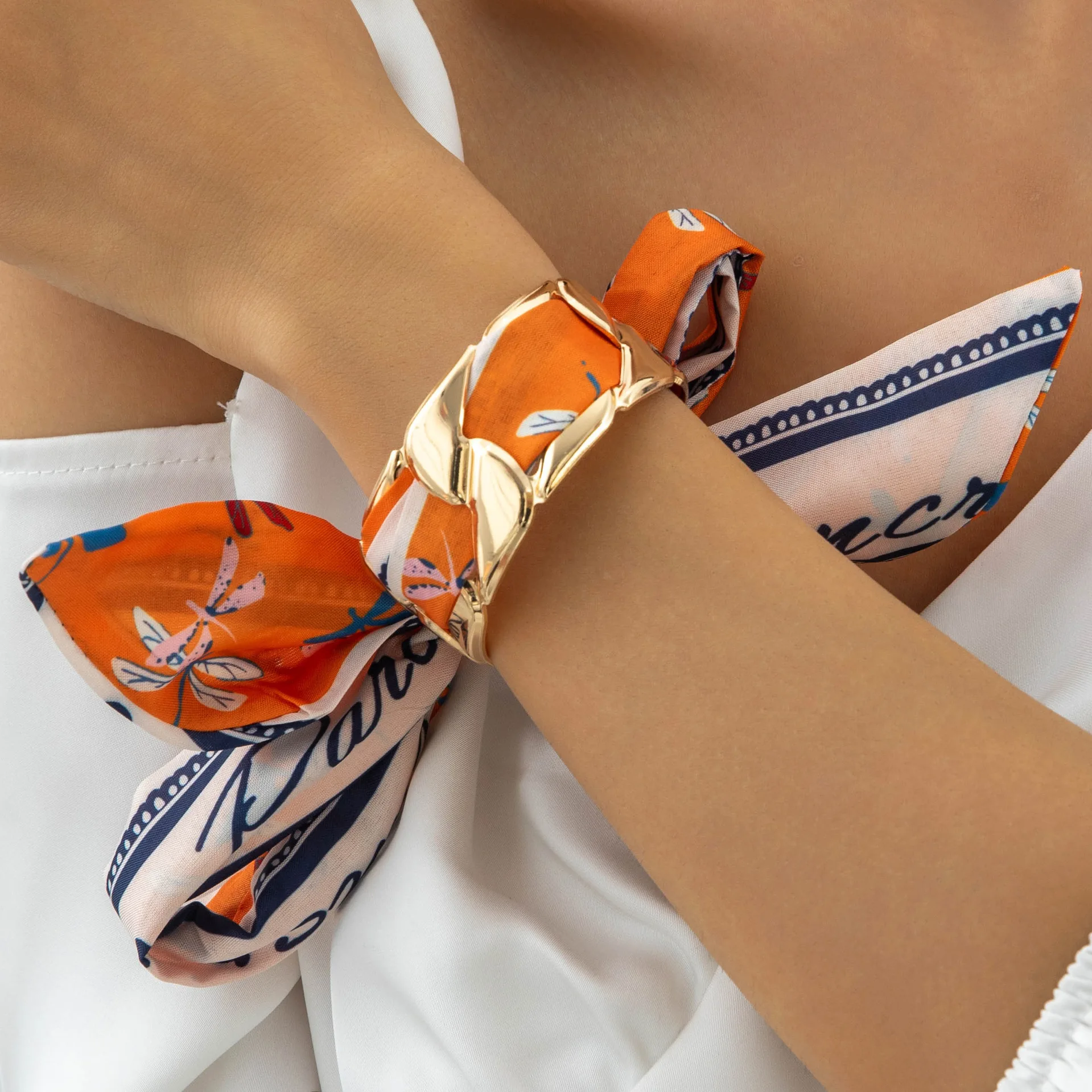 Tocona Women Vintage Orange Dragonfly Print Scarf Geometric Gold Cuff Bracelet Set Multi-purpose Holiday Stackable Jewelry Gift