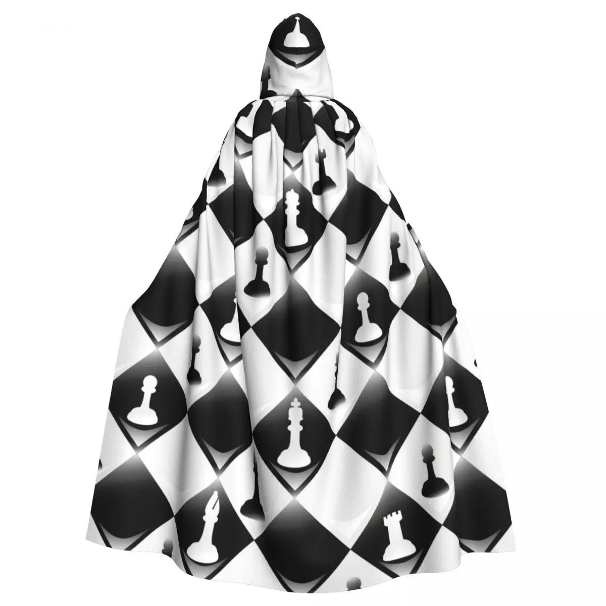 

Adult Halloween Chessboard With Chess Pieces Cloak Cape Hooded Medieval Costume Full Length Dress Coat